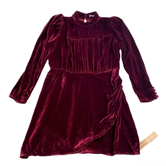Reformation Dress Evora Velvet Long-Sleeve Keyhole Buttoned Mini Chianti 12 NWT - Picture 1 of 9